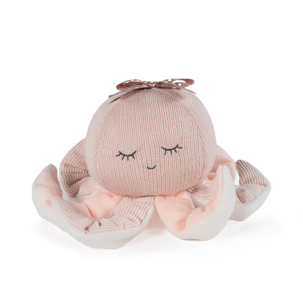 Polvo de peluche rosa com olhos cerrados e laço