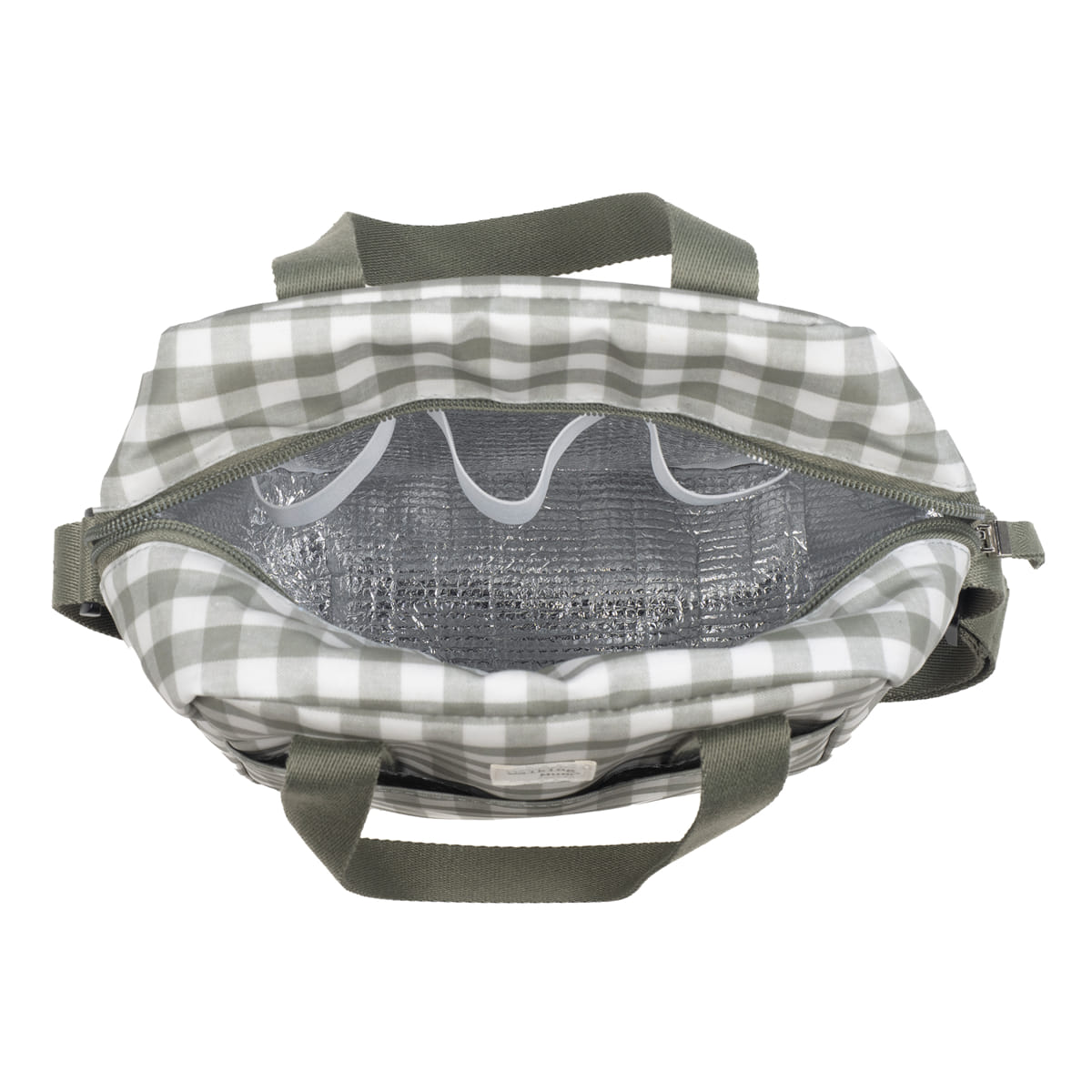 Saco térmico xadrez verde e branco com fecho aberto e alças verdes