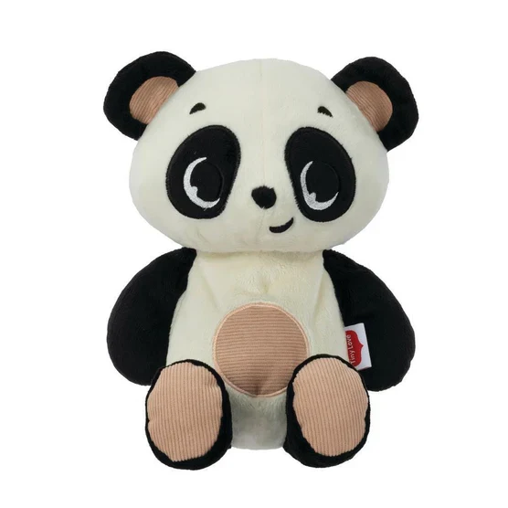 Peluche panda branco e preto com detalhes bege e etiqueta vermelha