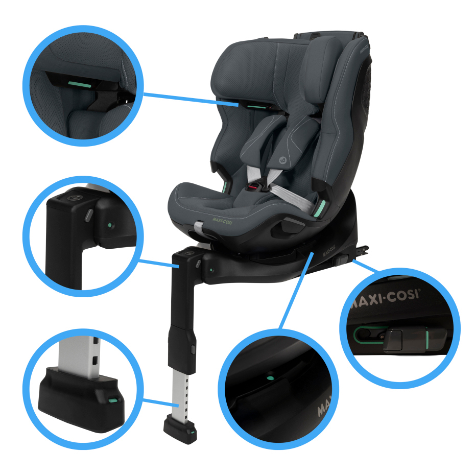 Cadeira auto cinza escuro Maxi-Cosi com base estabilizadora preta e detalhes verdes