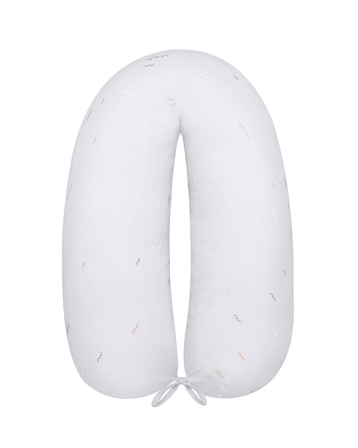 Almofada de amamentação branca com padrões ondulados pequenos coloridos em U e fita para atar