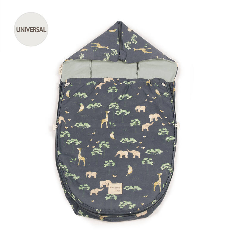 Saco de bebé cinzento com padrão de animais e capuz