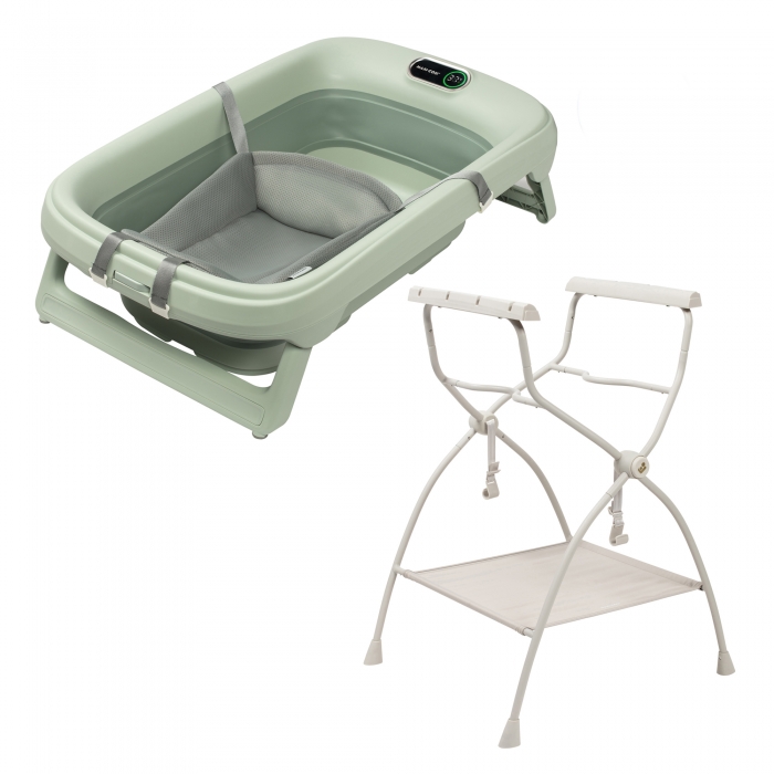 Banheira de bebé verde com rede cinzenta e suporte metálico bege