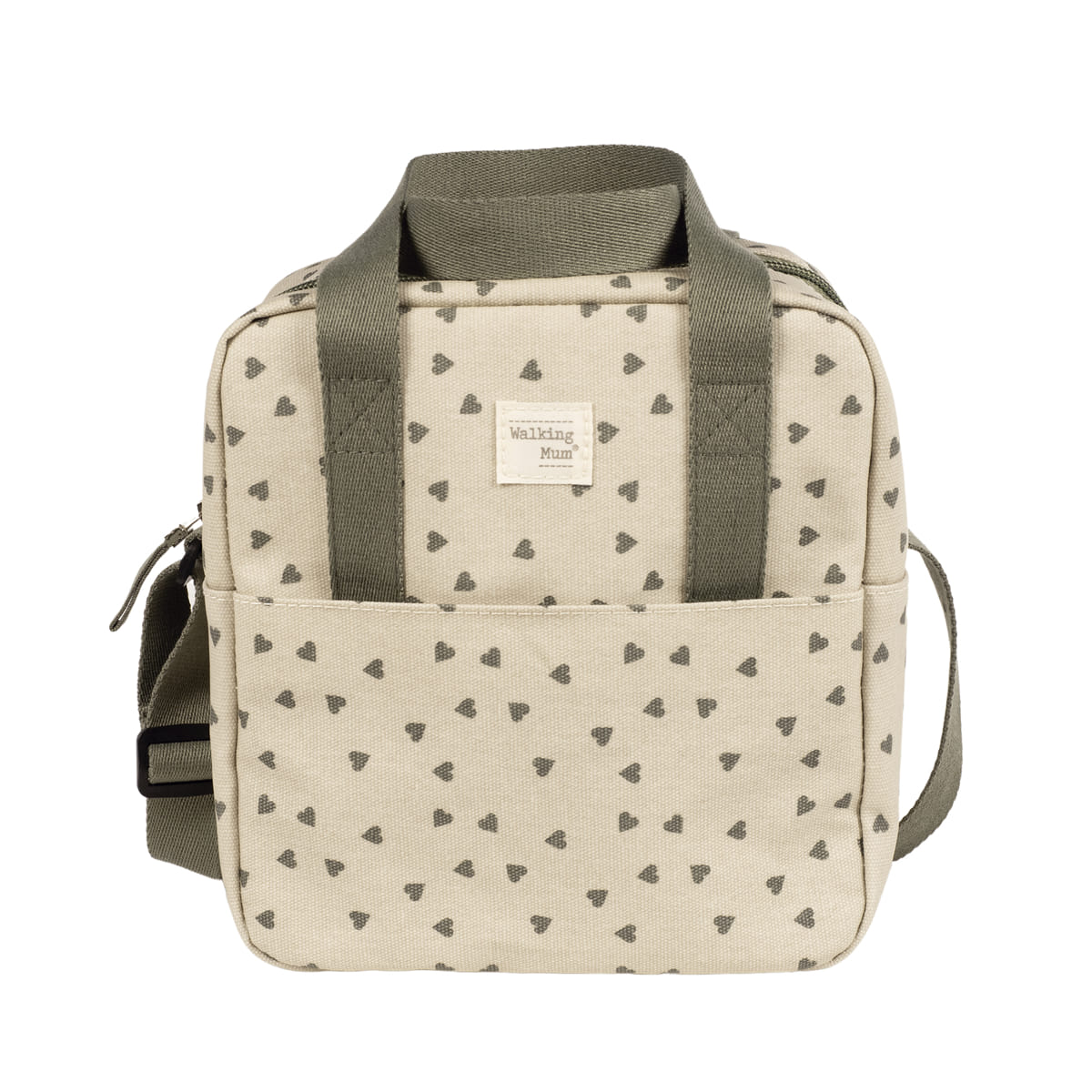 Mala quadrada bege com padrão de corações pretos e alças verdes