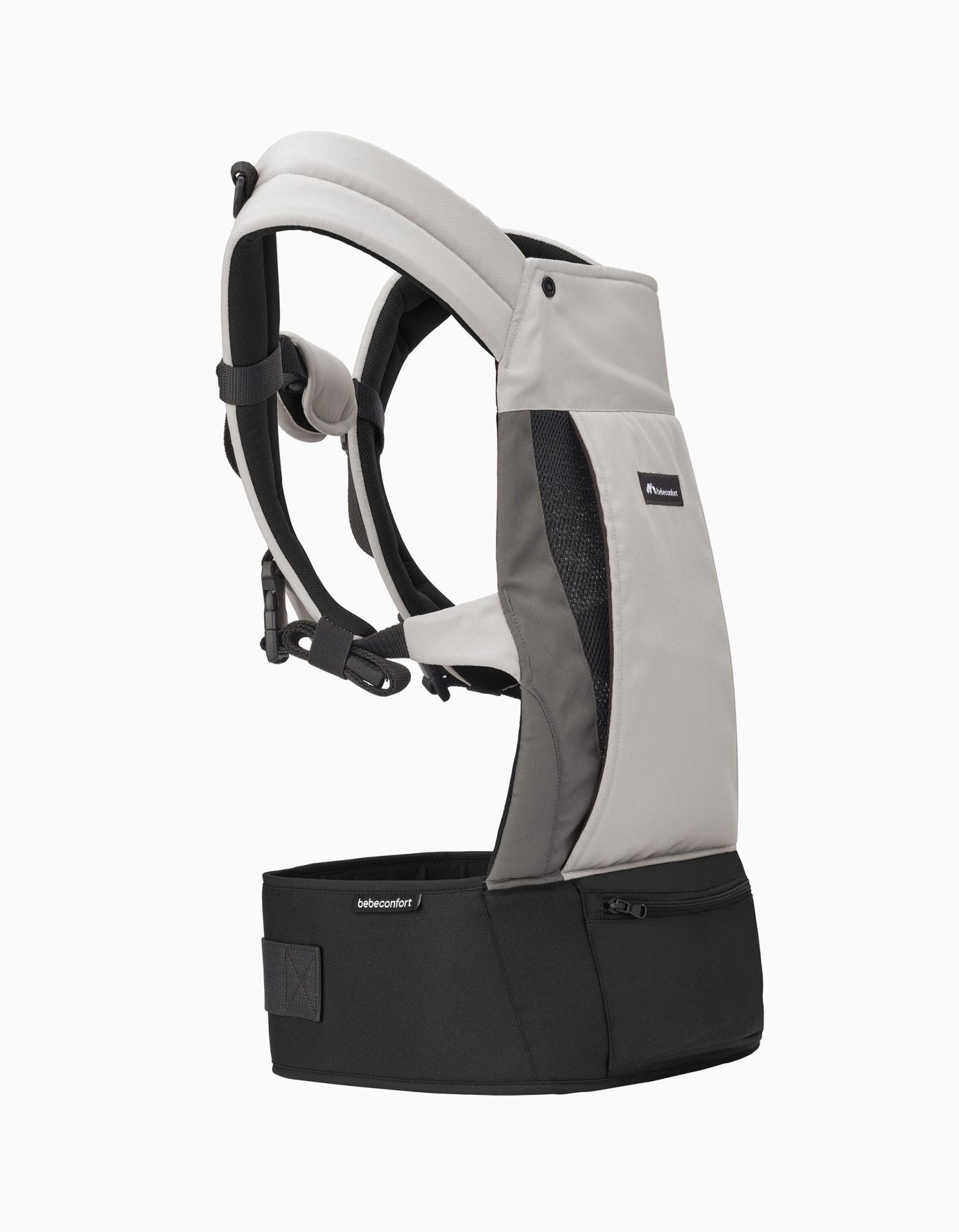 Canguru ergonómico bege e preto com alças acolchoadas e etiqueta bebecenter