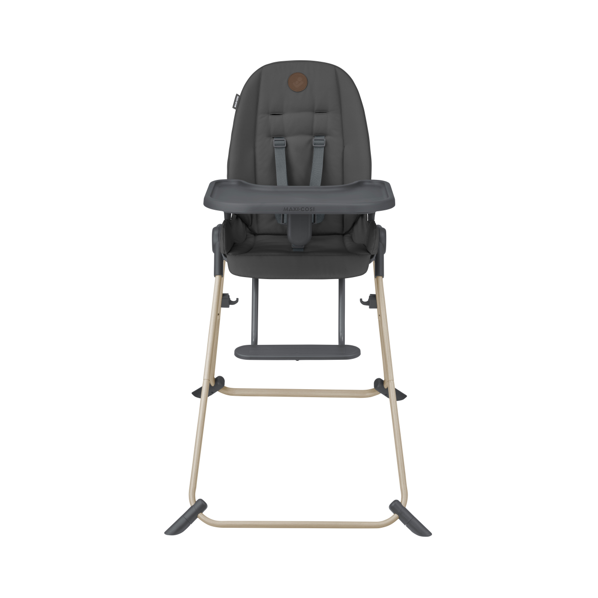 Cadeira alta para bebé cinzenta com estrutura metálica bege