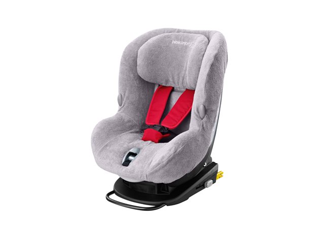 Cadeira infantil para carro com revestimento cinza e cintos vermelhos