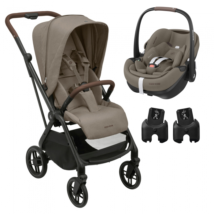 Carrinho de bebé e alcofa bege com estrutura preta e adaptadores pretos