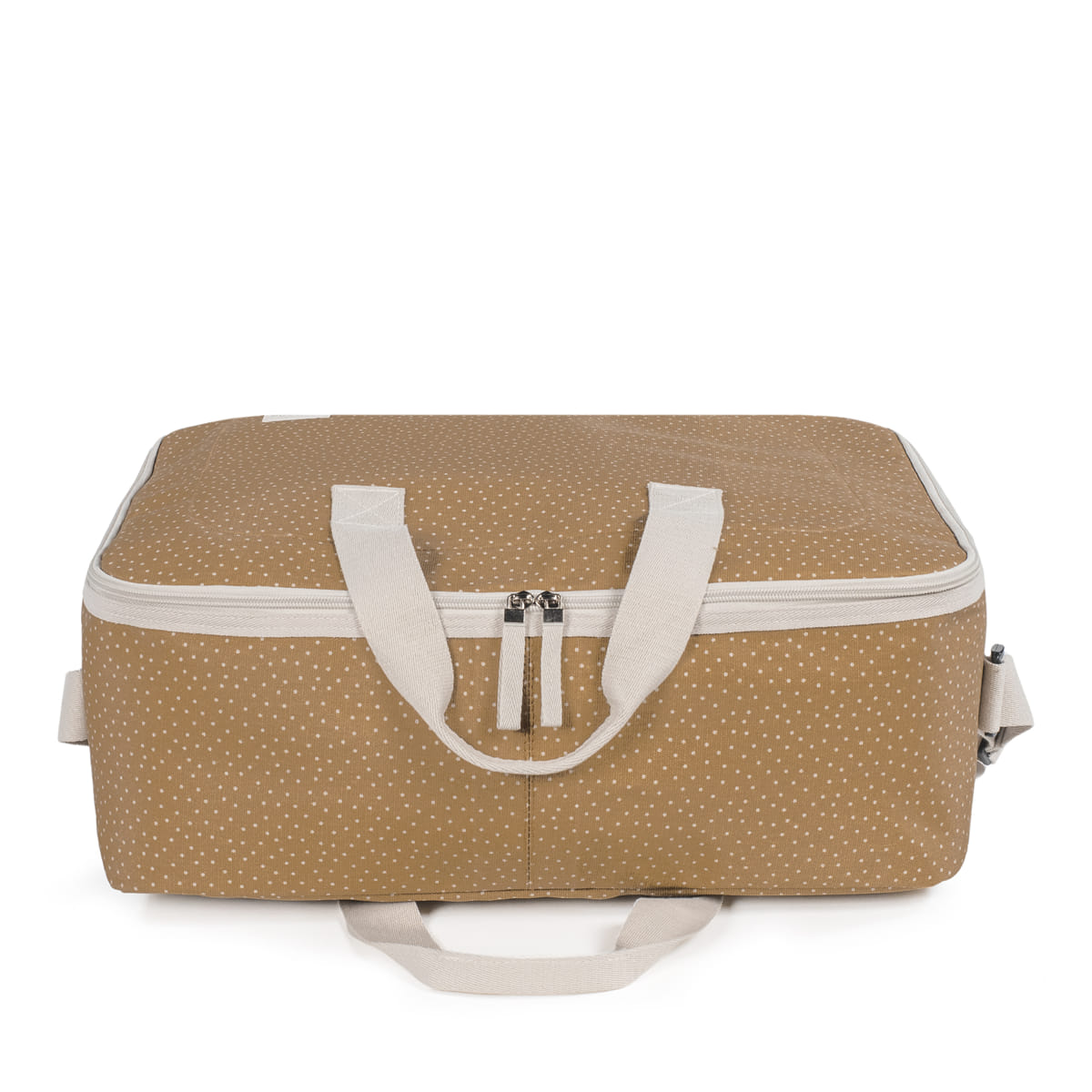 Mala castanha clara com pontos brancos e fecho branco