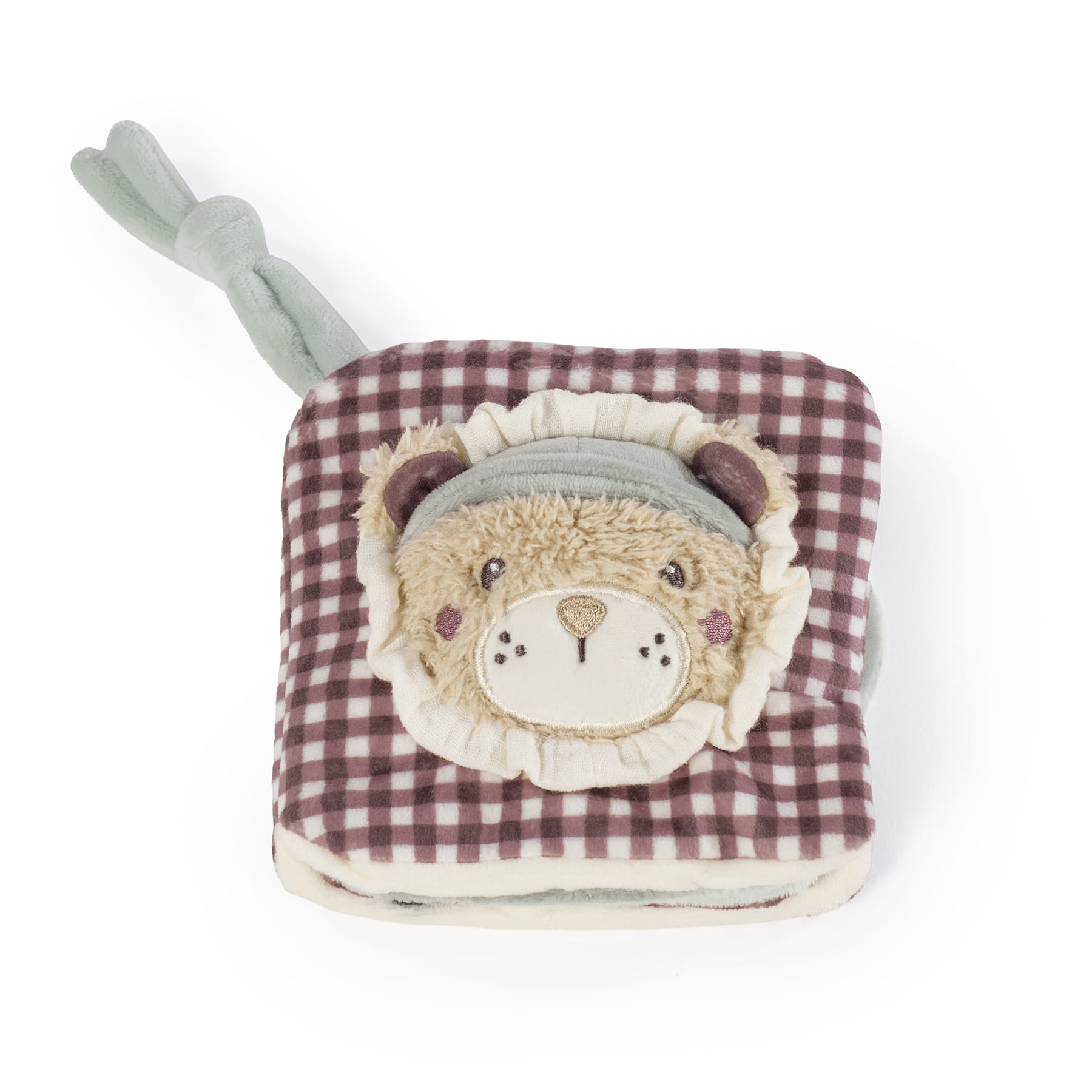 Livro de tecido para bebé com capa xadrez roxa e rosto de urso em tecido peludo