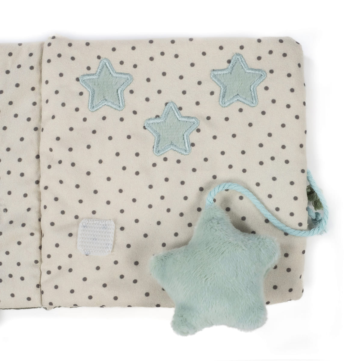 Manta bege com bolinhas cinzentas e estrelas bordadas e em peluche azuis