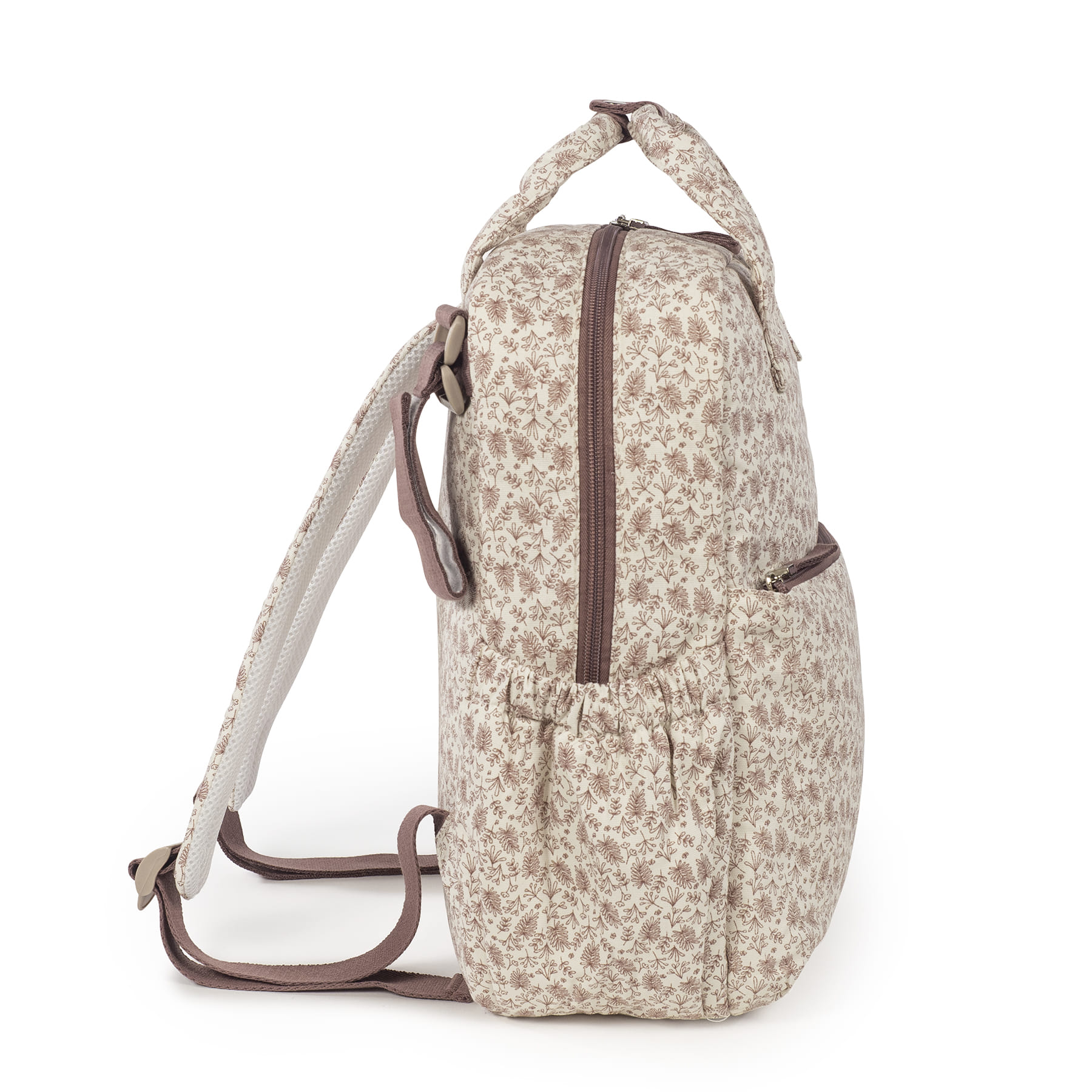 Mochila bege com padrão floral castanho vista lateral