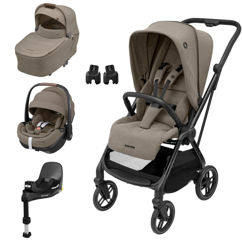 Conjunto de carrinho de bebé bege e preto com acessórios