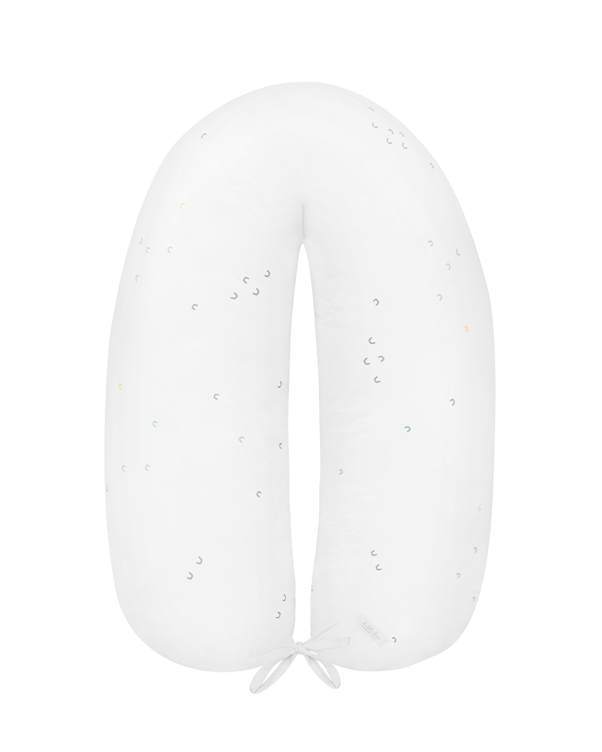 Travesseiro almofada de amamentação branco em forma de U com pequenos detalhes coloridos e fita para amarrar