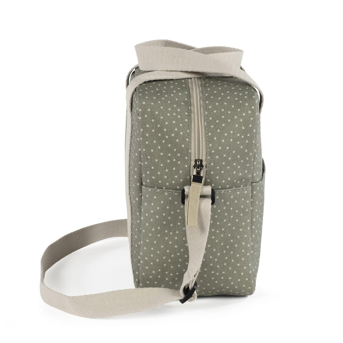 Mala pequena cinzenta com pontos brancos e alça ajustável