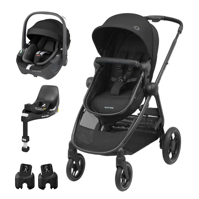 Carrinho de bebé preto com assento auto e acessórios