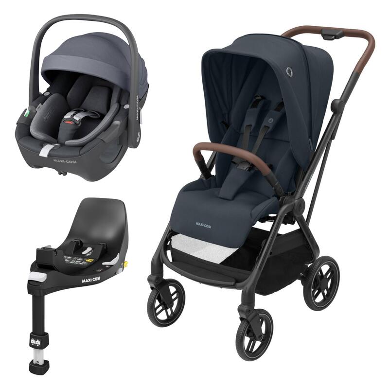 Carrinho de bebé azul escuro com cadeira auto cinzenta e base preta