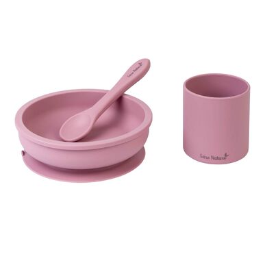 Conjunto de utensílios rosa para bebé com prato, colher e copo em silicone.