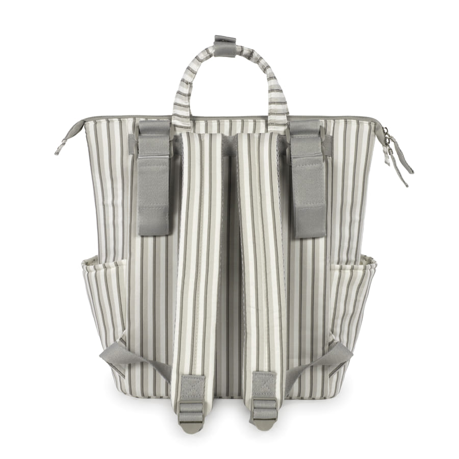 Mochila de tecido riscado bege e branco com alças acolchoadas cinzas