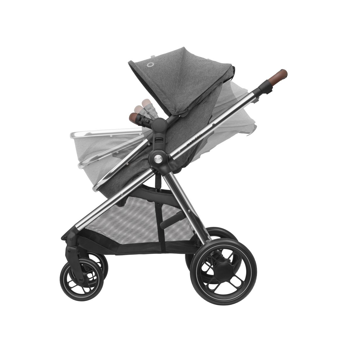 Carrinho de bebé cinza com estrutura metálica e rodas pretas