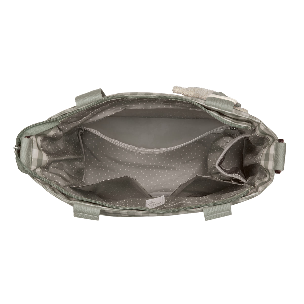 Mala cinza com interior de pontos brancos e múltiplos bolsos