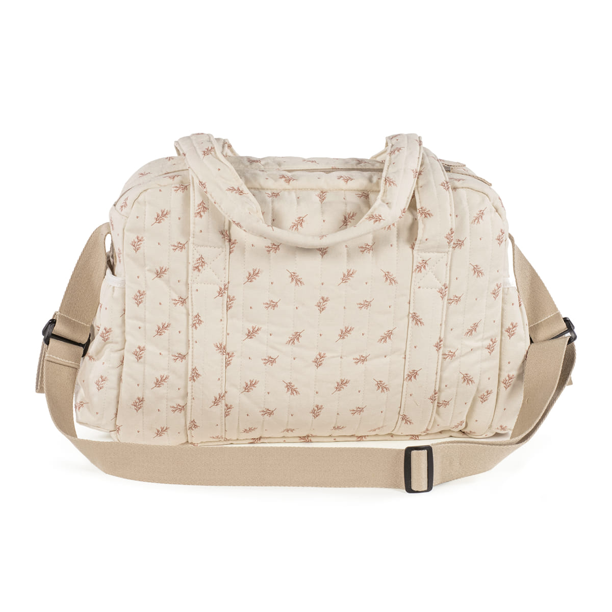 Mala de tecido bege com padrão floral e alças ajustáveis