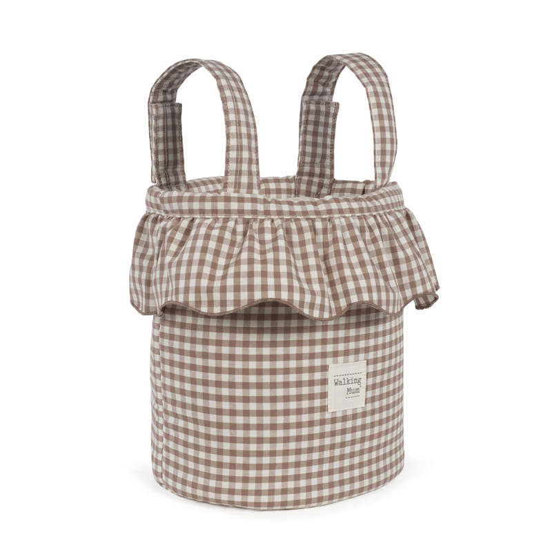 Mochila xadrez castanho e branco com folho e alças acolchoadas