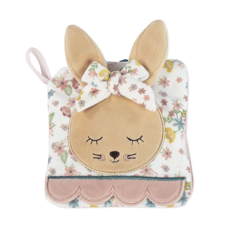 Paninho quadrado para bebé com cabeça de coelho em tecido castanho e estampa floral