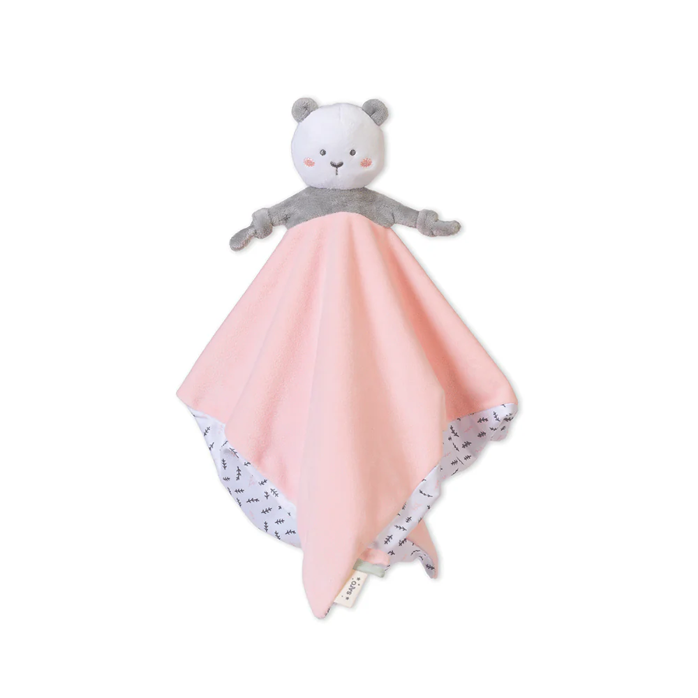 mantinha cor-de-rosa com cabeça de ursinho cinza e branco