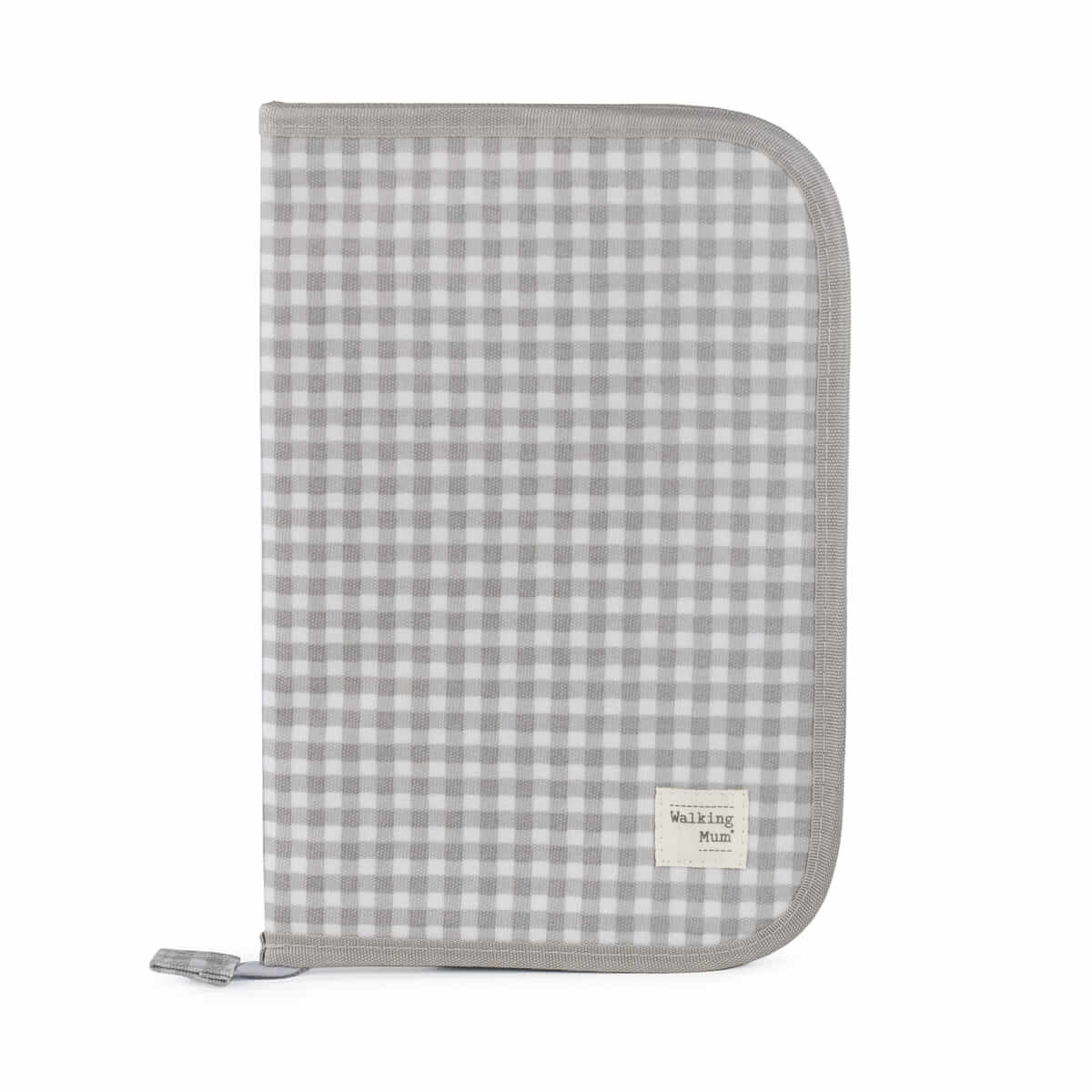 Estojo ou capa cinzenta com padrão de quadrados brancos e etiqueta 'Walking mum'