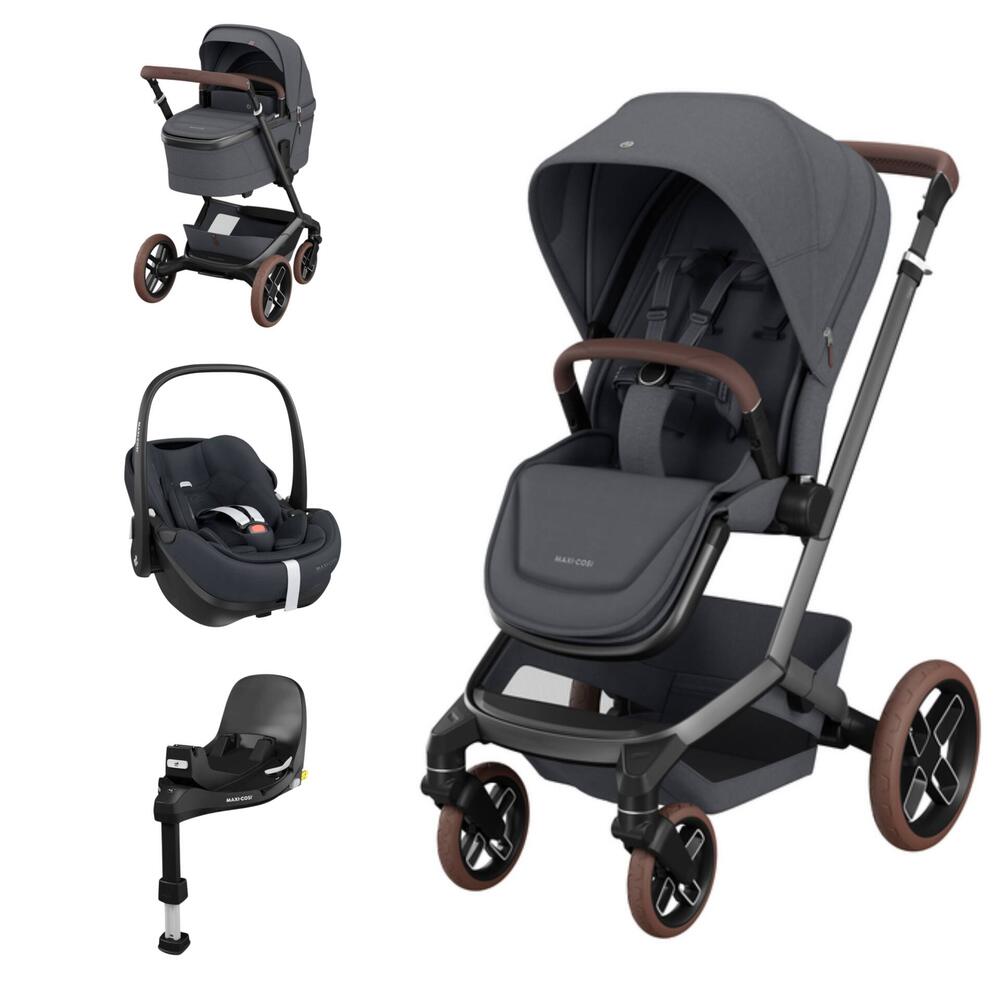 Carrinho de bebé cinzento com cadeira e base de fixação