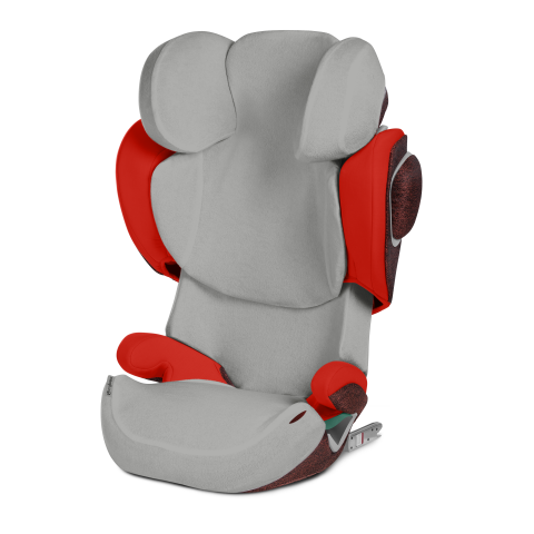 Cadeira auto infantil cinzenta com detalhes vermelhos e sistema ISOFIX