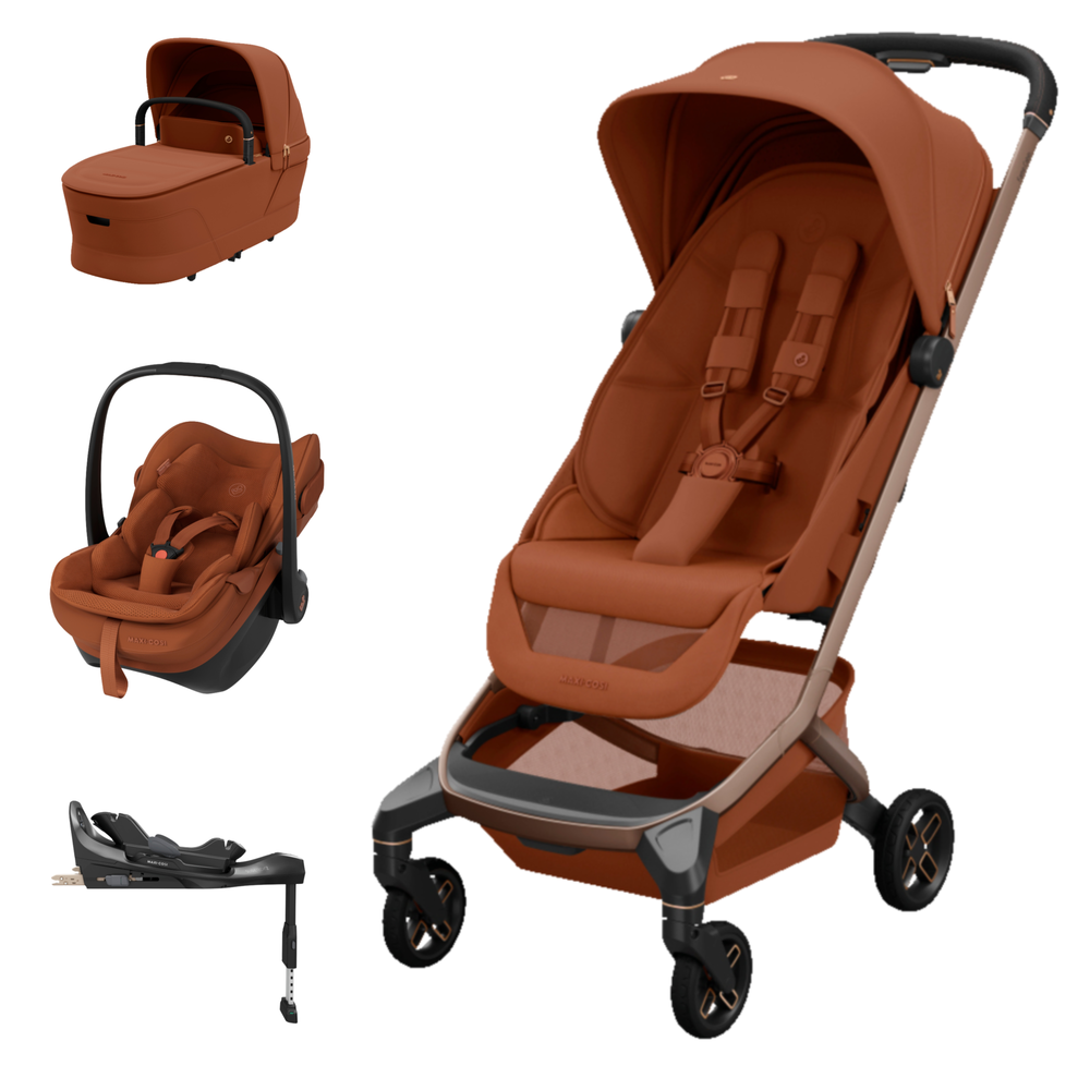 Conjunto modular de bebê castanho com carrinho, alcofa, cadeira auto e base