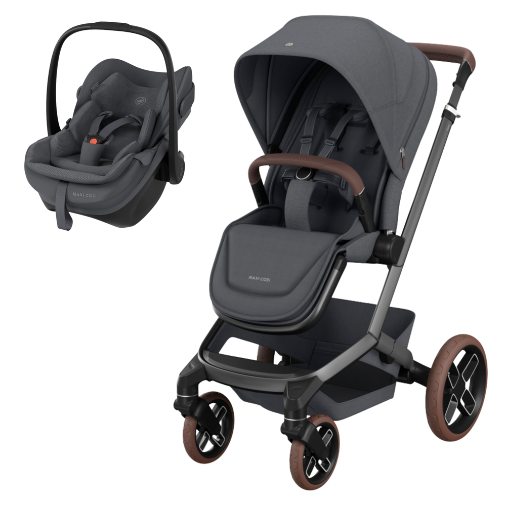 Carrinho de bebé e cadeira auto Maxi-Cosi cinza escuro com detalhes em preto e marrom