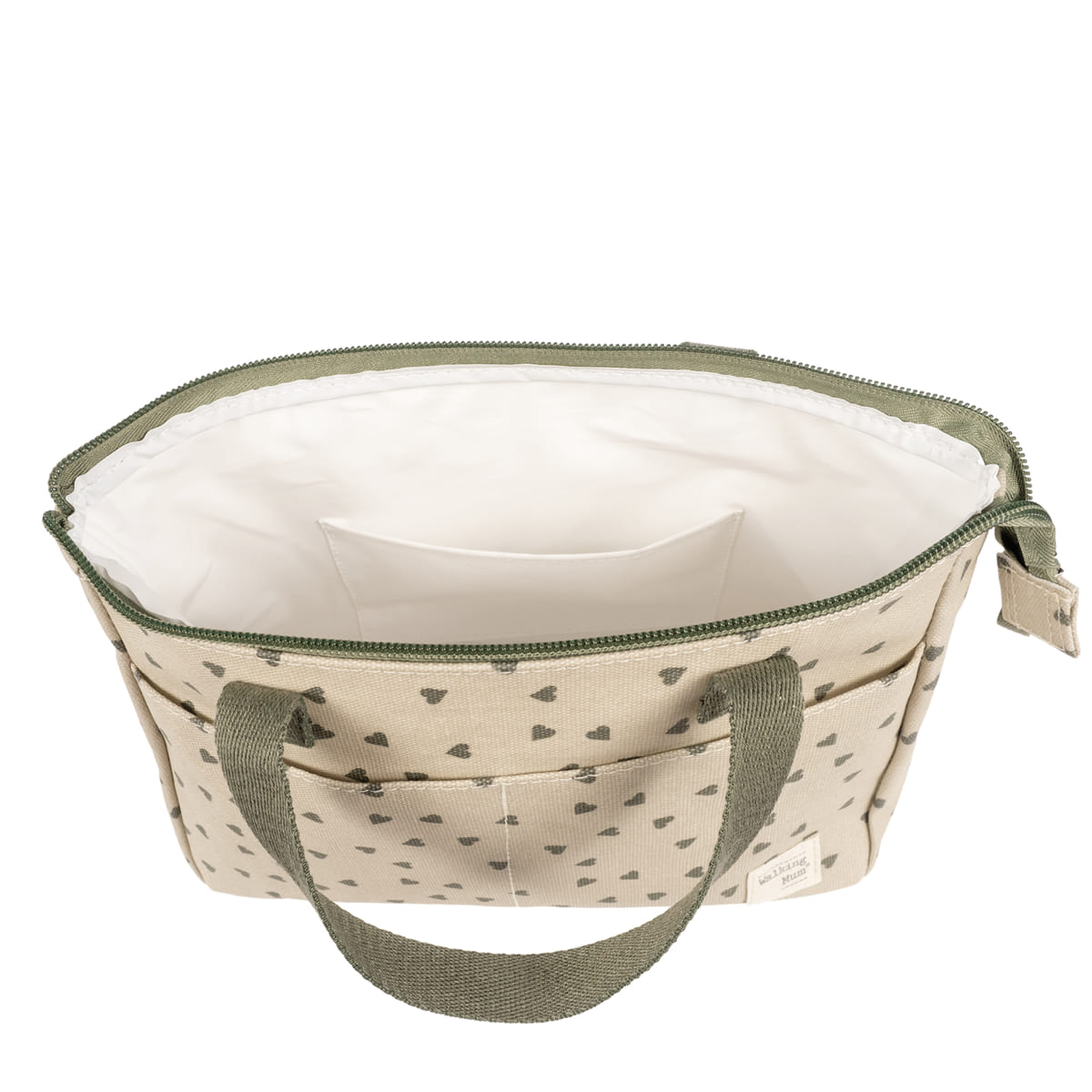 Bolsa têxtil bege com padrão de triângulos pretos, alças e fecho de correr verdes, interior branco