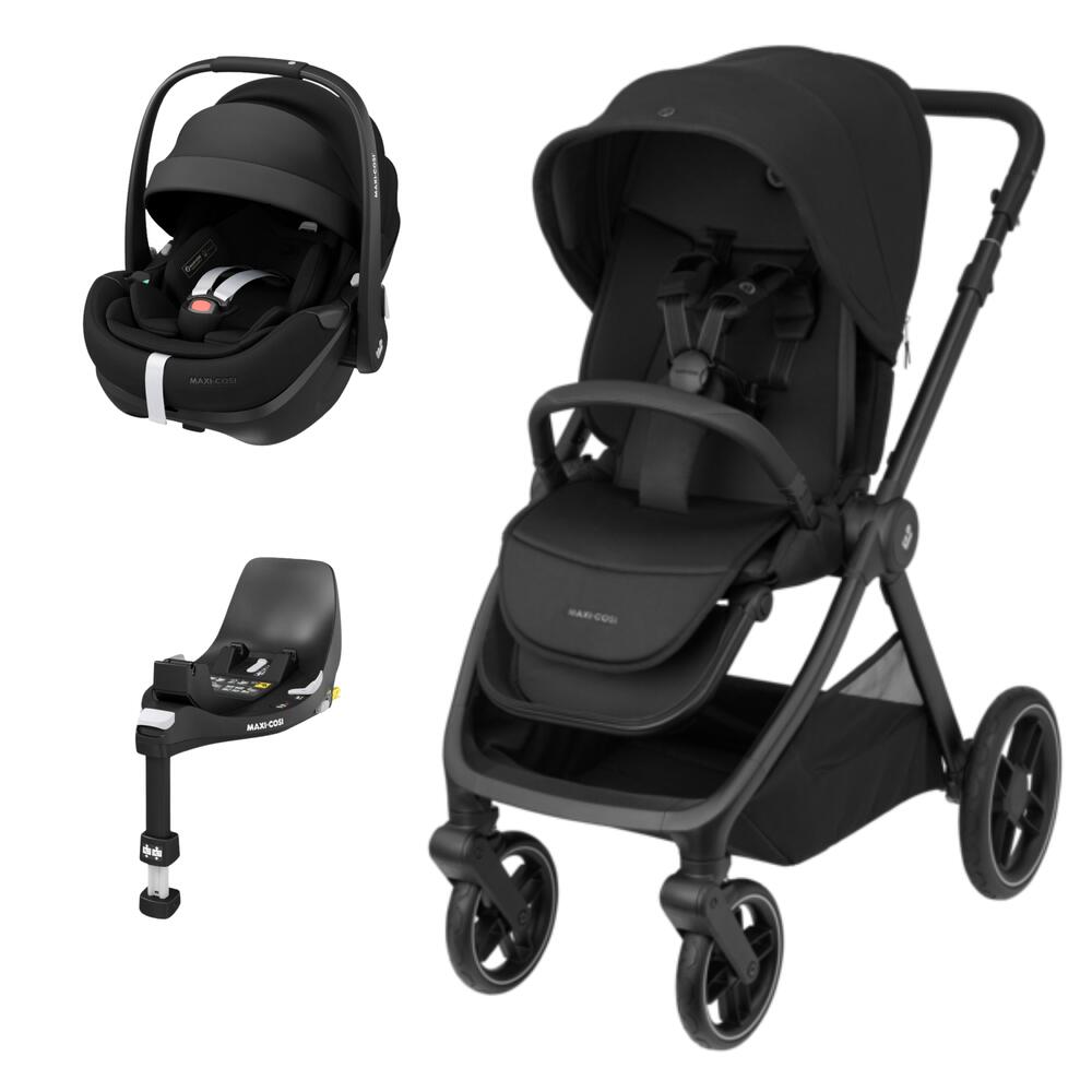 Carrinho de bebé preto com porta-bebés e base