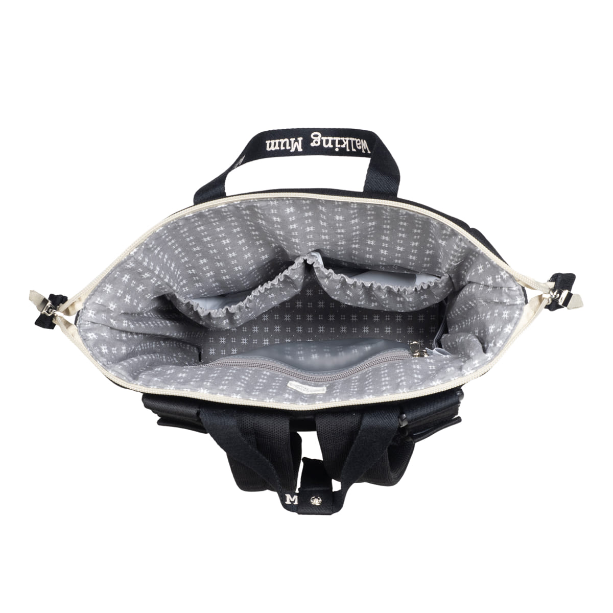 Interior de mochila cinzenta com padrão e alças pretas