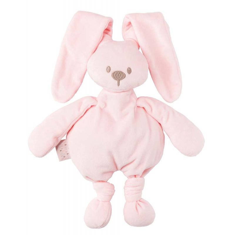 Peluche coelho cor-de-rosa com orelhas compridas e rosto bordado