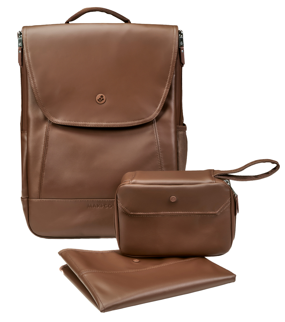 Conjunto de mochila castanha, bolsa de mão e carteira em pele sintética