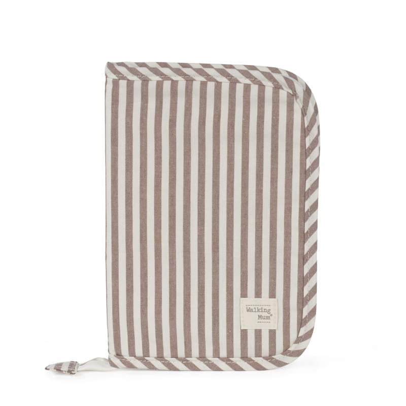 Estojo riscado castanho e branco com etiqueta Walking Mum