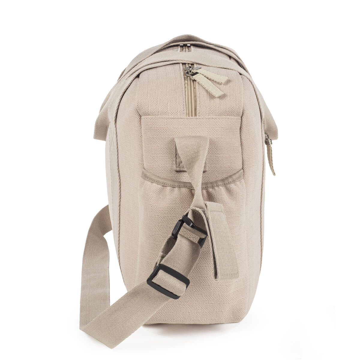 Mala mochila bege claro com alça ajustável e bolso exterior elástico