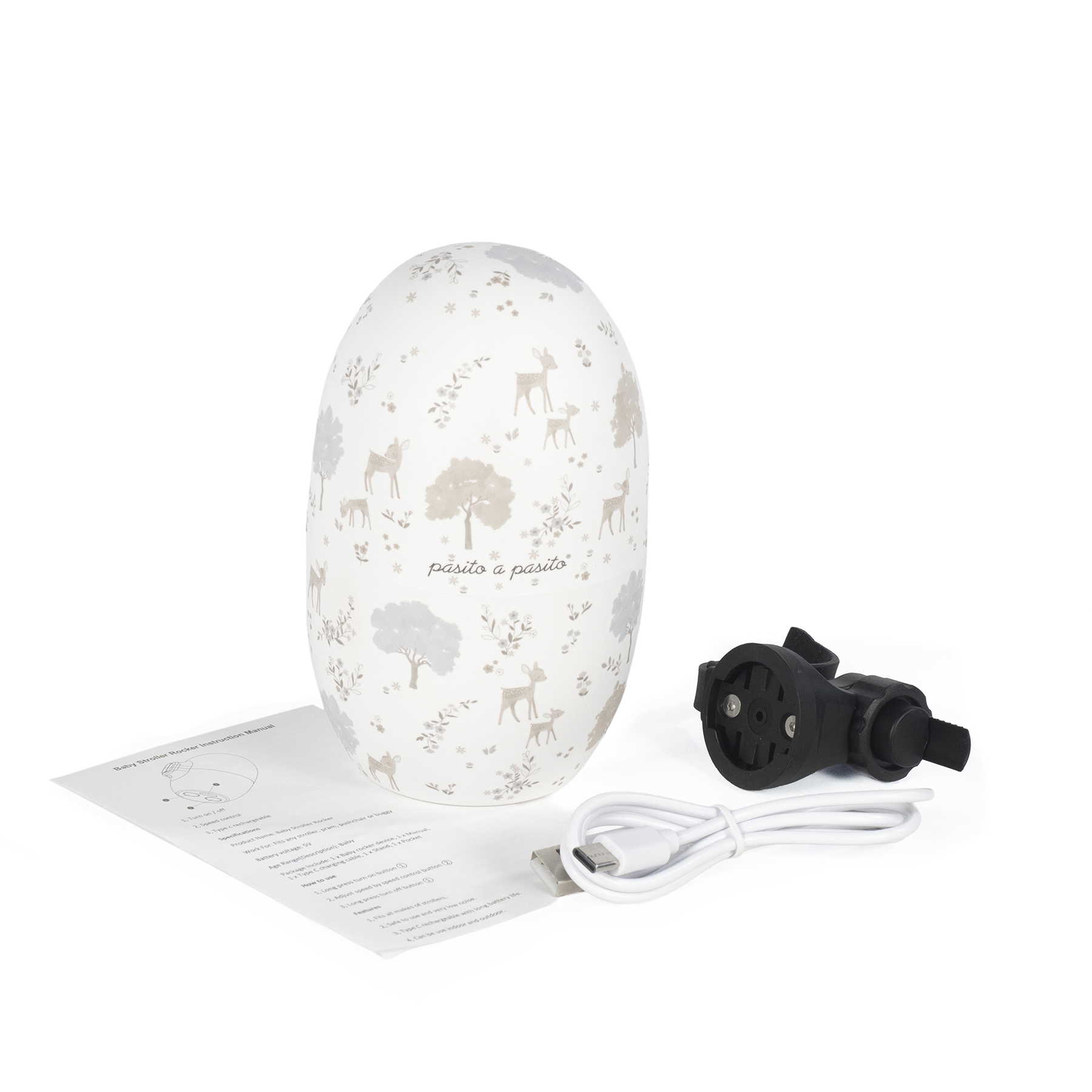 Produto oval branco decorado com padrão de veados e árvores com acessórios