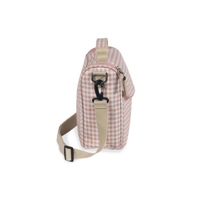 Mala tiracolo xadrez rosa e branco com alça bege e fivela preta