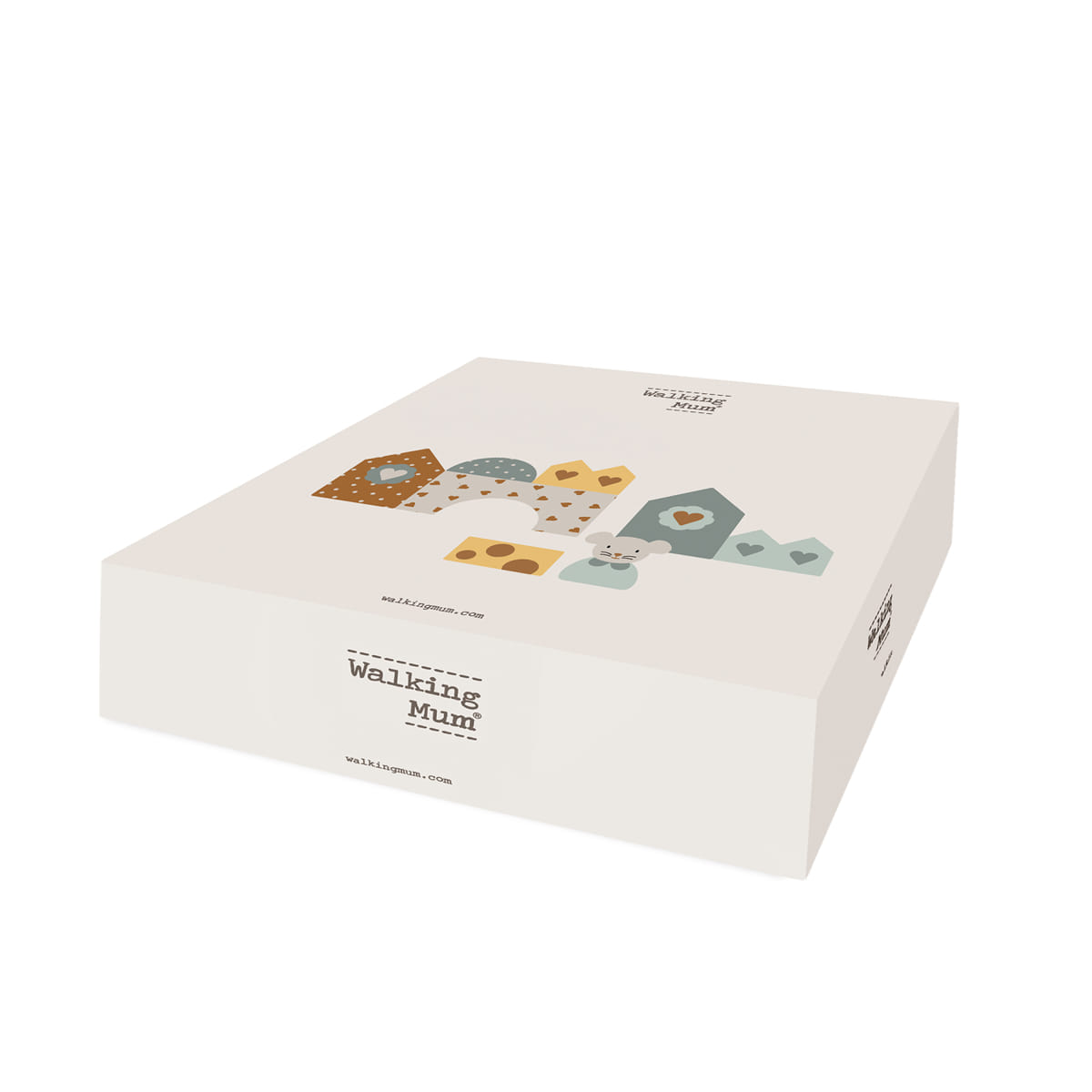 Caixa branca de papelão com ilustrações de casas e texto 'Walking Mum'.