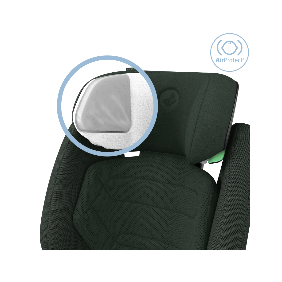 Cadeira auto infantil verde escuro com destaque em espuma e selo AirProtect