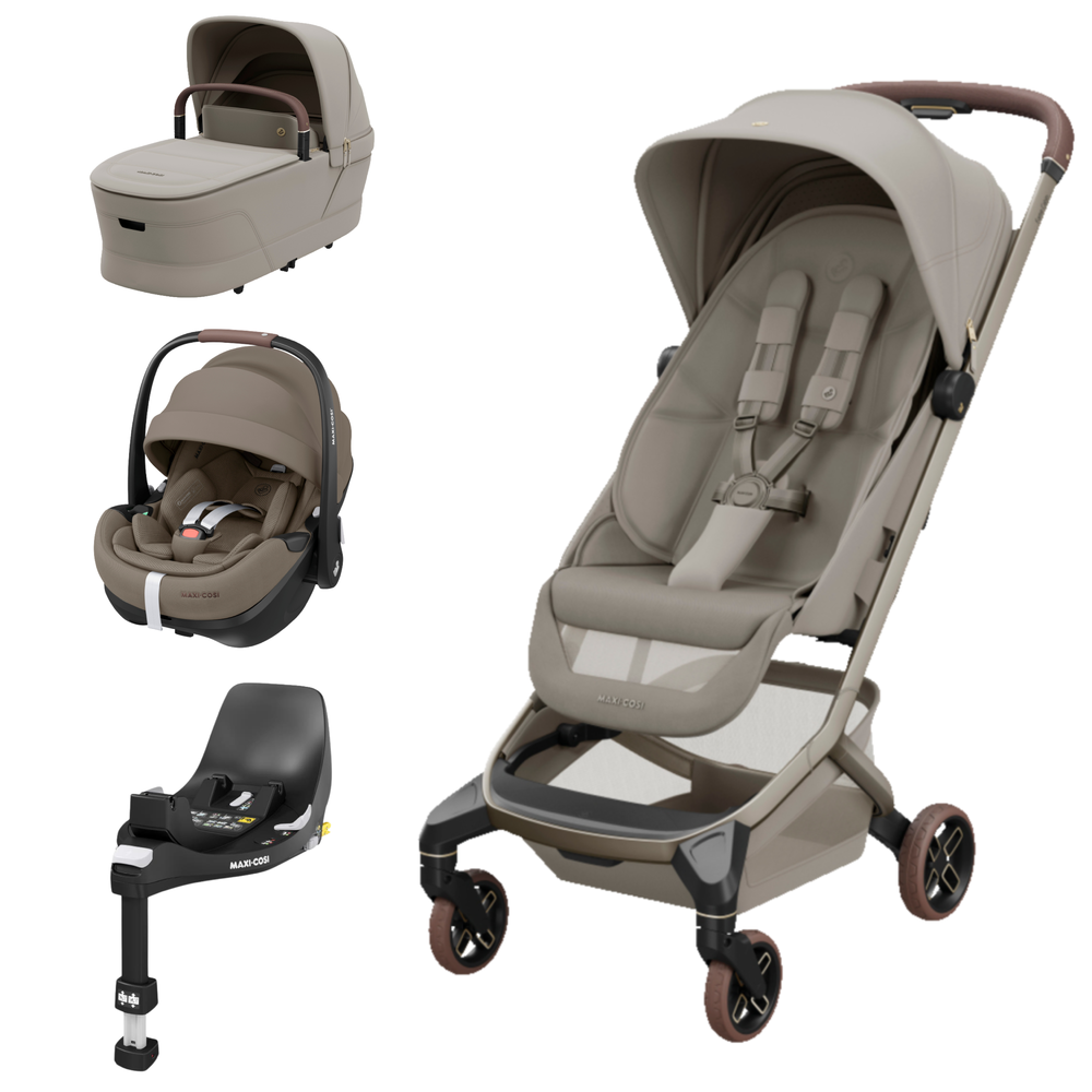 Conjunto de produtos para bebé MAXI-COSI bege com alcofa, cadeira auto, base e carrinho.