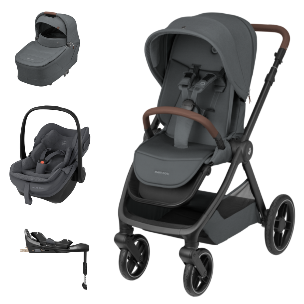 Conjunto Maxi-Cosi carrinho bebé cinza escuro com alcofa, cadeira auto e base