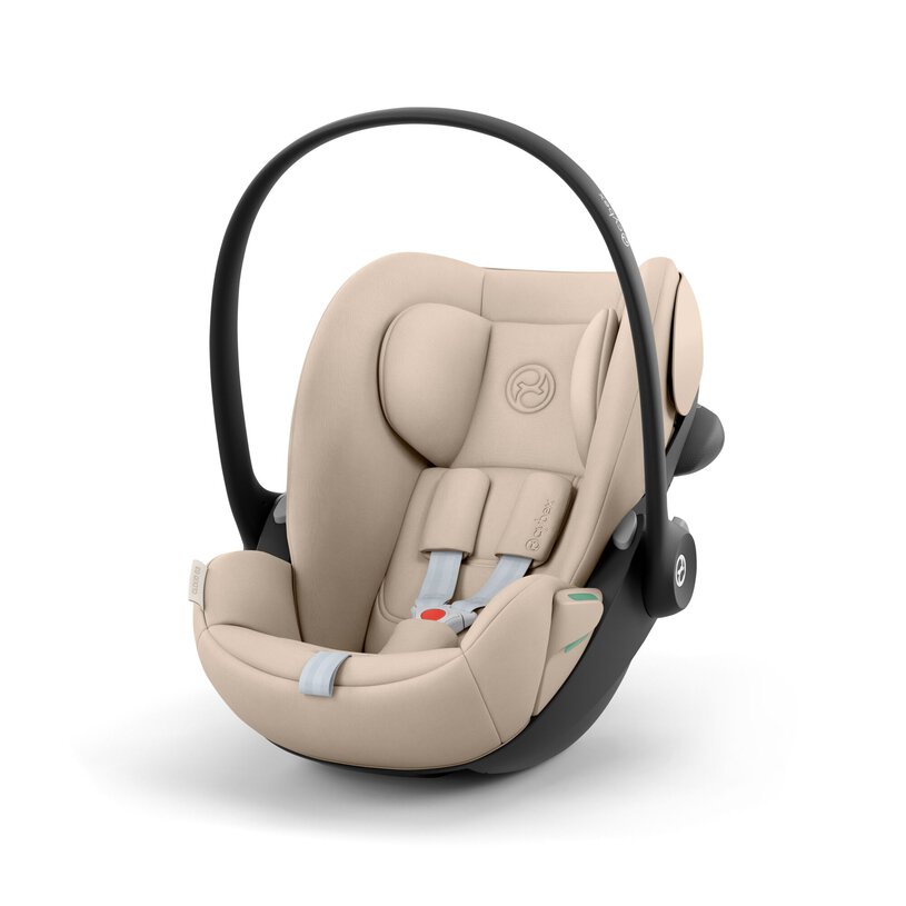 Cadeira auto para bebé bege com arnês cinzento e estrutura preta