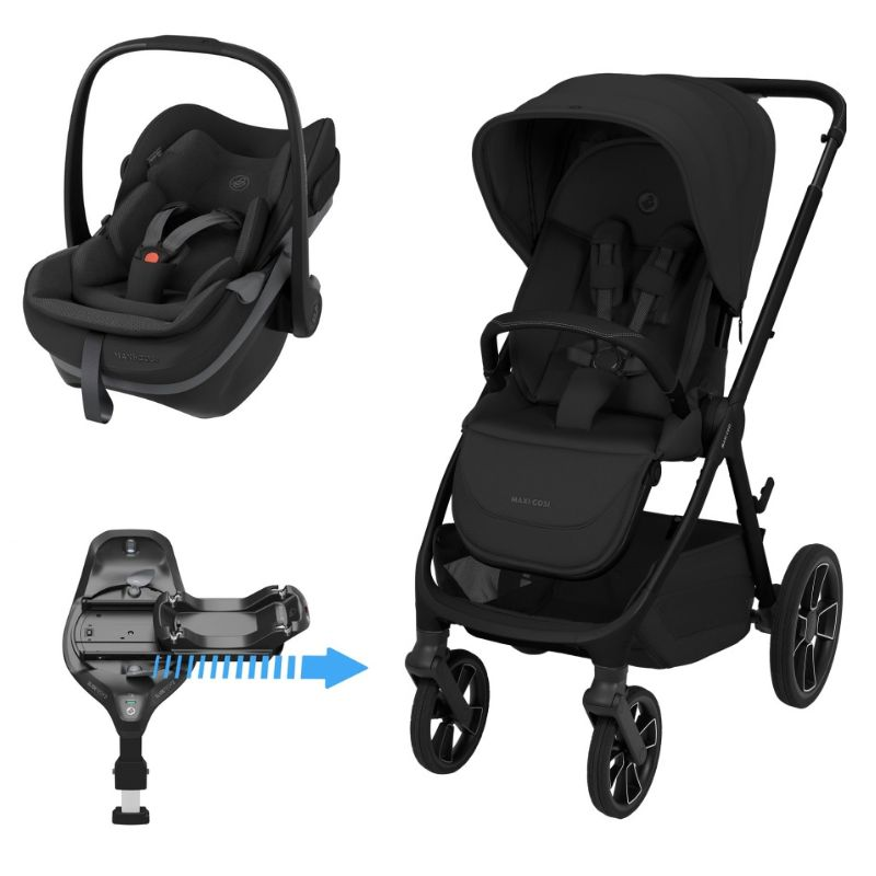 Carrinho de bebé preto, cadeira auto preta e base de montagem