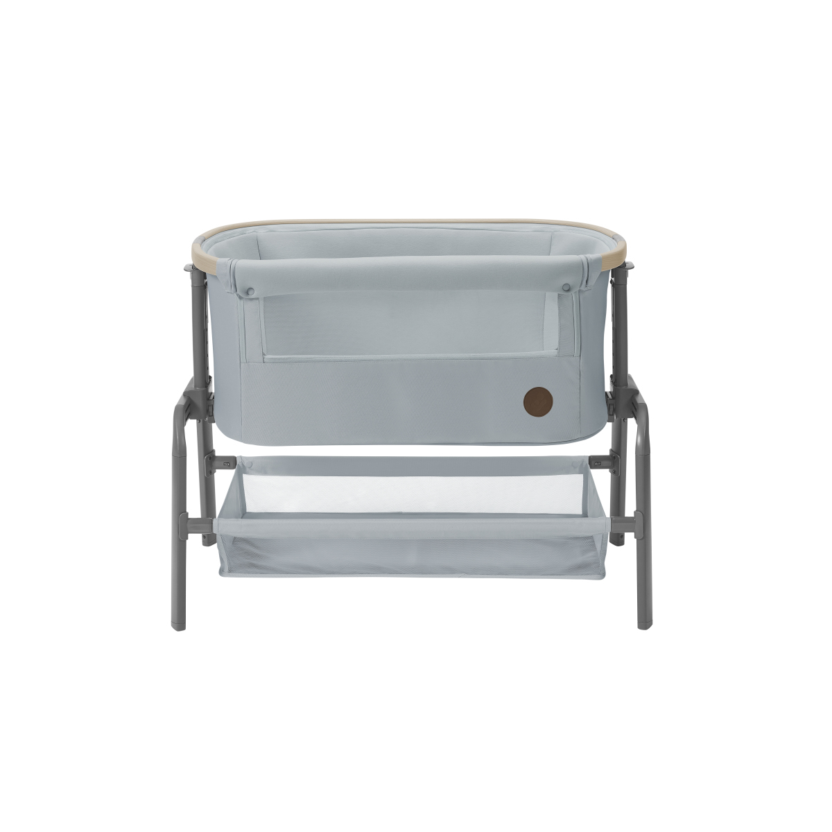 Berço de bebé cinza com estrutura metálica e suporte inferior